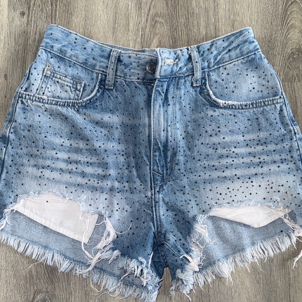 Bershka Light Blue Distressed Denim Shorts with Rhinestone Dots